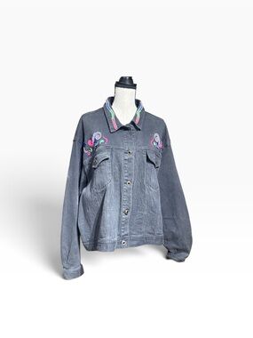 Vintage Black Denim Jacket Plus Sz 26/28 Black Embroidered Beaded Button Down